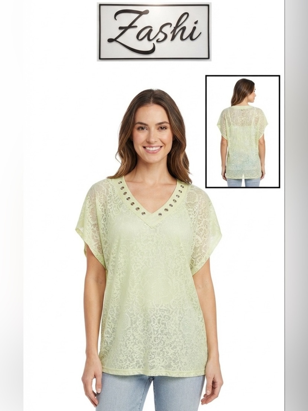 Zashi V-Neck Grommet Sheer T-Shirt NWT Small